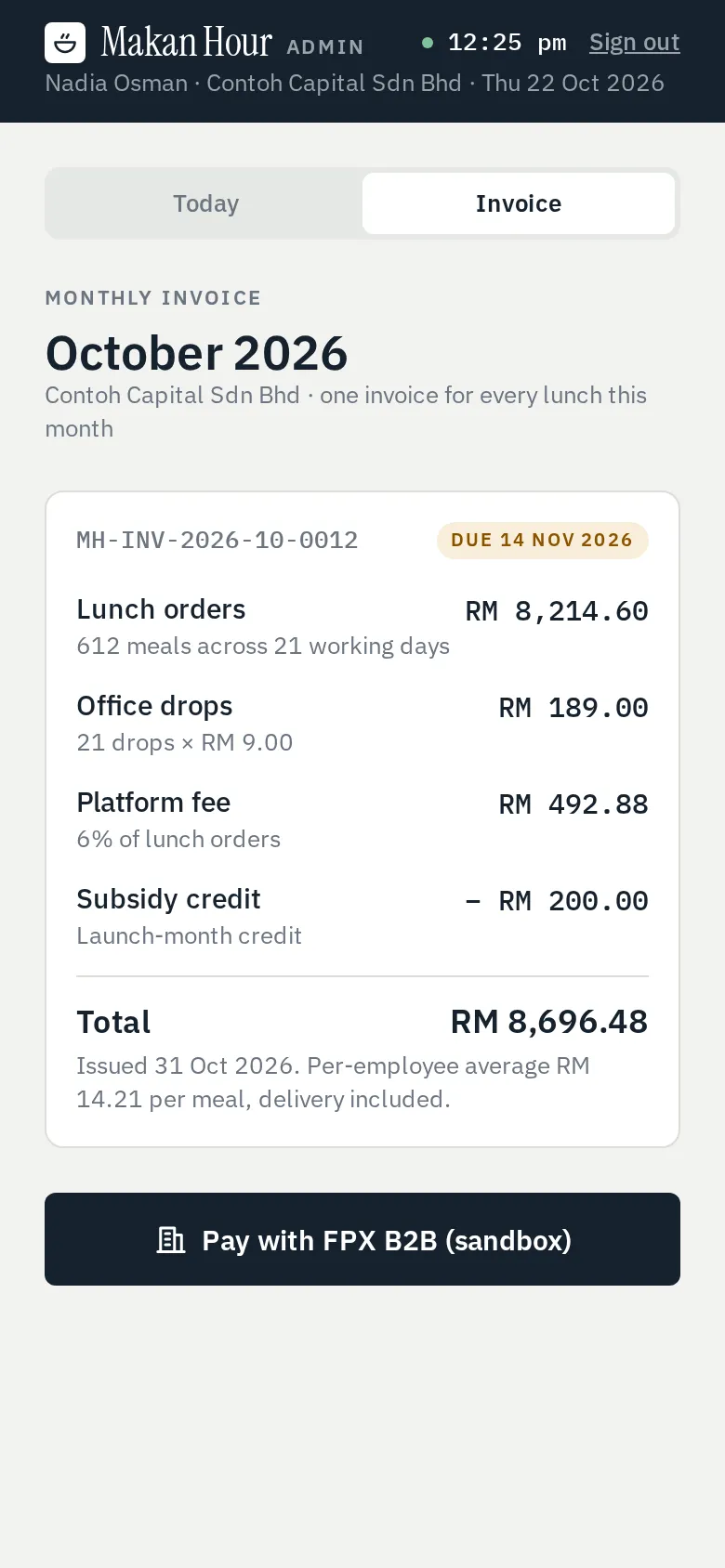 Monthly invoice screen in the admin view