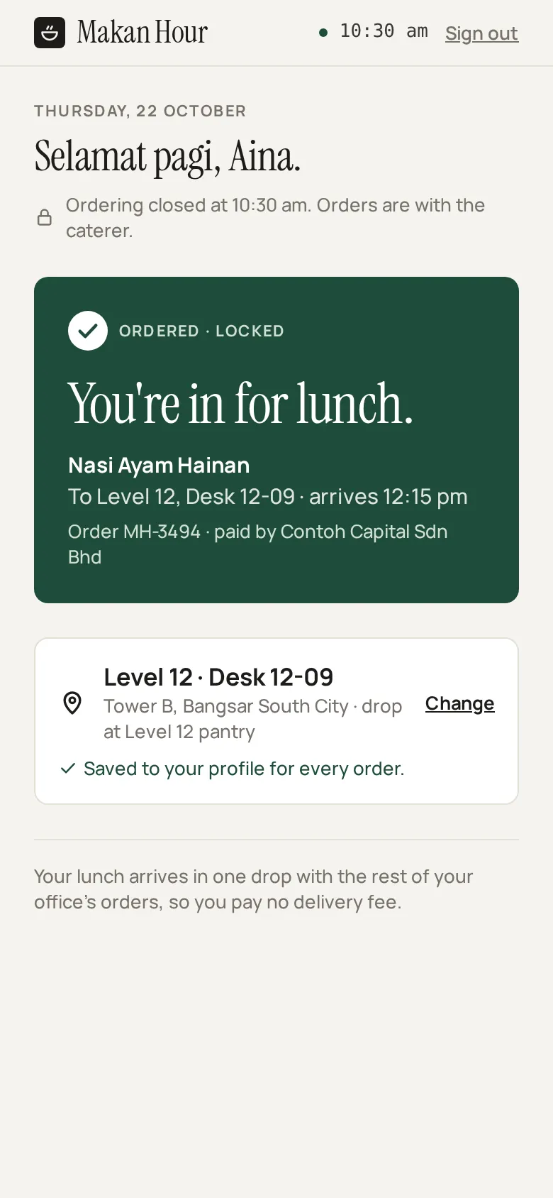 Employee view after the cutoff, order locked
