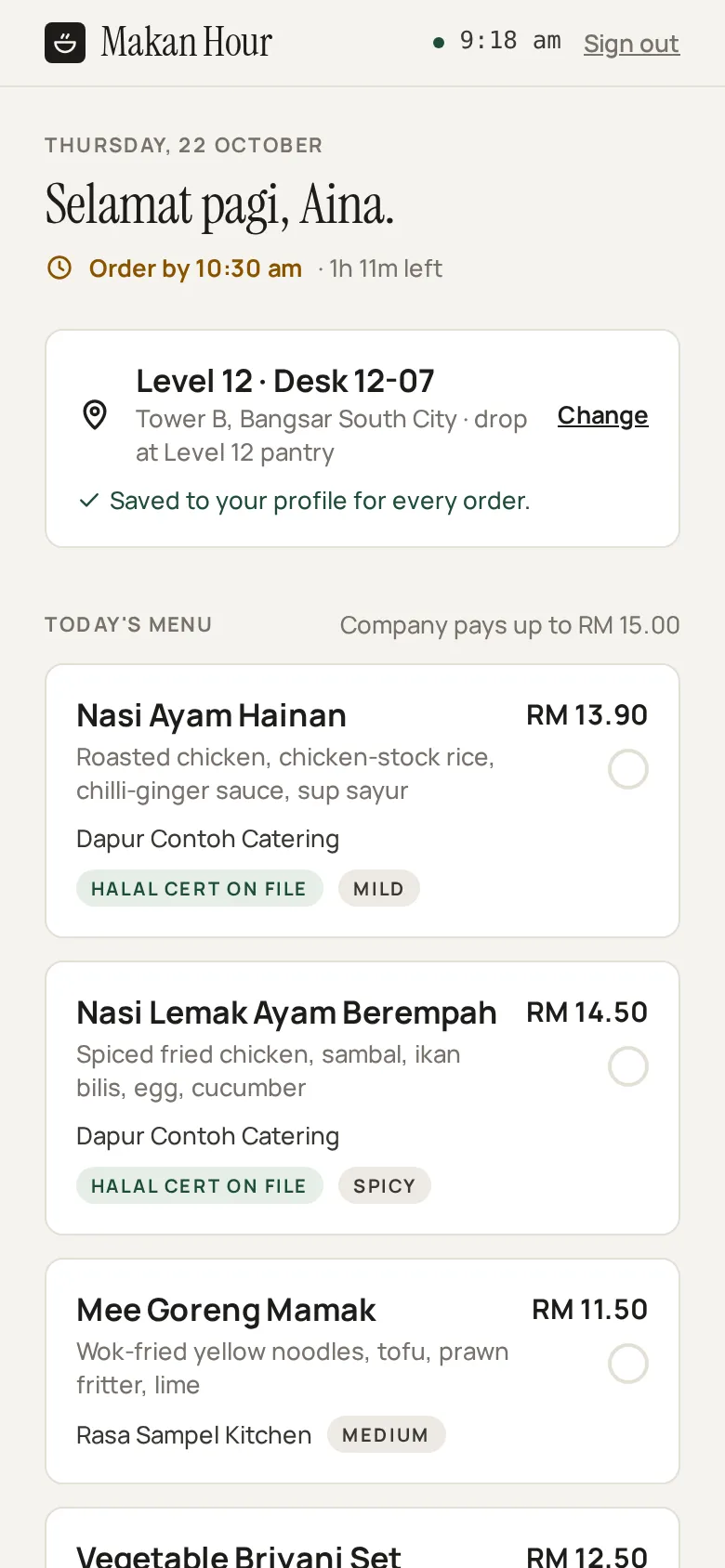 Employee view: today's menu with prices and the company allowance
